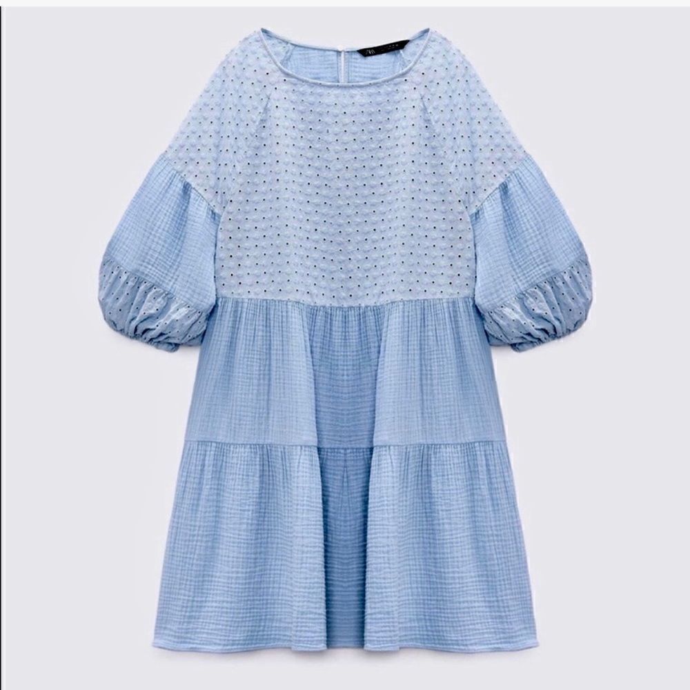 ZARA‎ Baby Blue Baby Doll Embroidered Floral Gauze Dress women’s Size Small